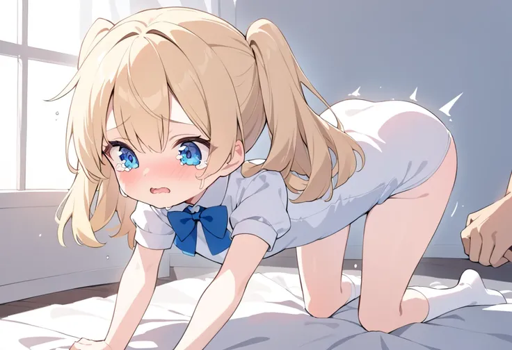  1 girl, blonde hair, blue eyes,   qhly, twintails, light blush , about three years old, crying,being spanked, white one-piece dress,.blue bowtie, white socks, on the bed, crawl on all fours