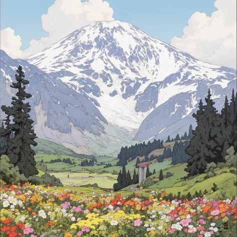 Takahara flower field, ，An art painting by Yang Jianjun ,  popular on Artstation , Simple Art, In the valley,  Snow Mountain , detailed painting 4k , Mountain View, 在 Snow Mountain 上, Landscape Art,  A tall, beautiful painting , Painted Landscape,   8K hig...