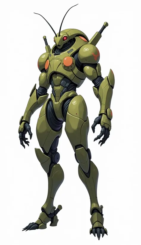 anime art,  full body,  from the front,  white background,  Armor that covers the entire body , alien, green and brown armor, Look like a cockroach,  with a sturdy build , four arms with three fingers, two antennas in your head, Face of a mutant cockroach,...