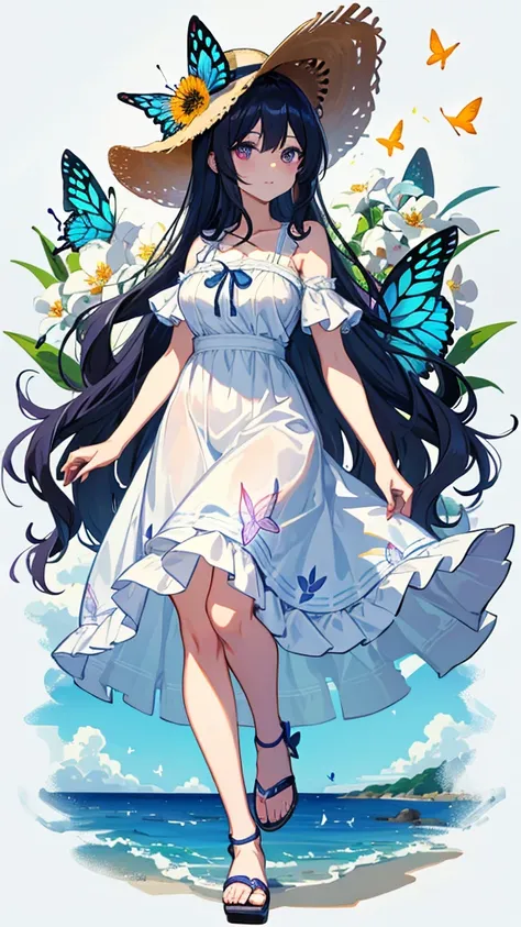  Please draw a beautiful girl with big eyes and slightly big breasts 。Do dark dark blue hair with wavy middle hair。 I'm wearing a large straw hat and a white summer dress with a frill on the chest。I have a straw handbag。Butterfly wings are growing。I'm wear...