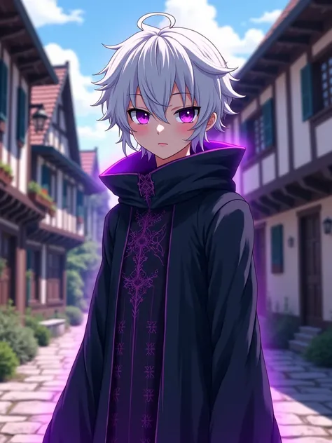 Make Anime Character, purple eyes, white hair, dark robe, purple aura, 2D Anime, medieval town, face shot