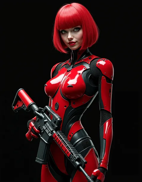 (best quality,4k,highres,masterpiece:1.2),ultra-detailed,(realistic,photorealistic:1.37), raytracing, of an extraordinarily beautiful and very futuristic android. (Science fiction futuristic red and black plastic armor:1.7), extraordinarily sexy, very expr...