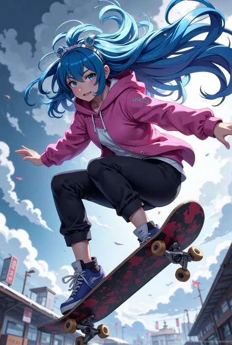 Masterpiece, best quality, ultra-detailed, realistic, ((Rem, Re:Zero,Blue Hair, long hair)),,Stitched pink hoodie jacket and vertical skate jump