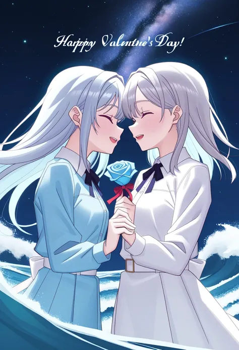 Happy Valentine's Day, Q-version character, silver blue long hair, light blue clothes, happy expression holding waves, waves forming a rose, background is the feeling of Valentine's Day. Face to face, gazing affectionately at each other, the two of them st...