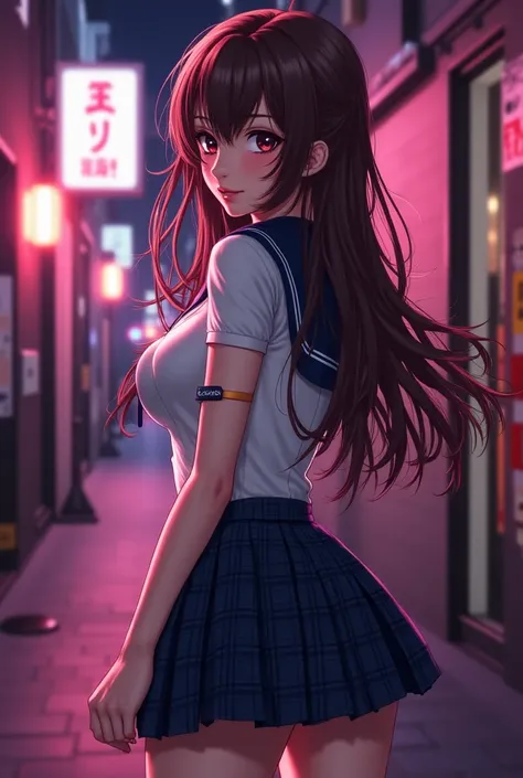 solo cute student woman,Azur Lane Atago , Marin Kitagawa background,in front of narrow street,dark night,pink light, long brown hair ,turn around and look at viewer,huge breast,cleavage,school uniform,white blouse,super-mini checked skirt,dog collar,smirk,...