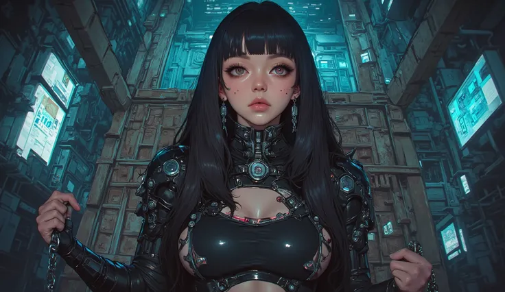  top quality　Ultra delicate　 Japanese Anime Anime　 one pretty girl　　 chain on hand　Strong shadows 　 strong contrast 　 cyberpunk　Big Breasts 　 twin tails on legs　 twin tails on legs　I'm staring at me with cold eyes