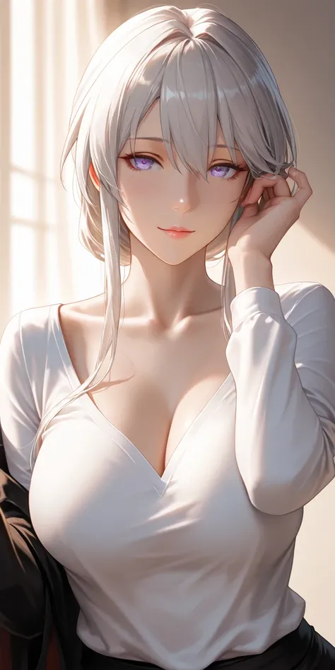 Masterpiece, very aesthetic, vibrant, high contrast, elegant mature woman, enterprise (azur lane), upper body, long sleeve shirt, collarbone, seductive, soft light, best quality, semrealistic, honkai: star rail cg style