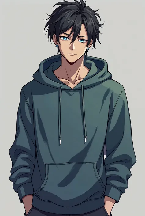 Personnage masculin, style mangas ou weebtoon 18 ans, Lycéen grand musclé, cheveux noir mi-long, yeux bleus. 3 percing a l'oreille droite et 2 percing a l'oreille gauche. Habiller de façons décontracté (sweat-shirt à capuche). Mains dans les poches. Timide...