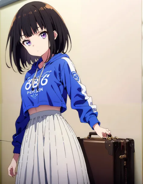  score_9,  score_8_ up the side,  score_7_ up the side,  source_Anime,
Takiuchikami,  check it out, long short hair , bob cut, bangs,   black hair,   purple eyes,Medium breast,Blue oversized hoodie , white long skirt, Bbo~, suitcases, standing,whole bodyがイ...