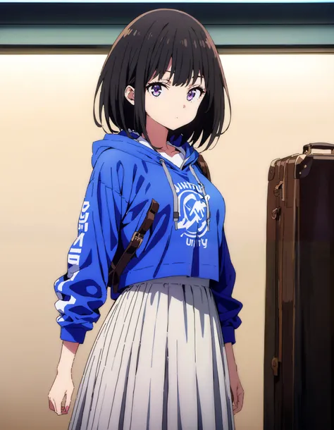  score_9,  score_8_ up the side,  score_7_ up the side,  source_Anime,
Takiuchikami,  check it out, long short hair , bob cut, bangs,   black hair,   purple eyes,Medium breast,Blue oversized hoodie , white long skirt, Bbo~, suitcases, standing,whole bodyがイ...