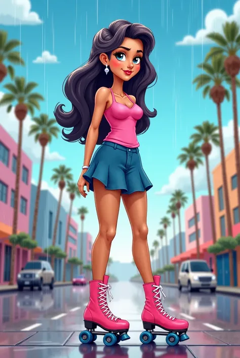 Tip: A very lovely  woman being sad in Downtown San Diego in the rain.. The illustration is a high definition illustration with 4k resolution., with highly detailed facial features and cartoon style visuals, pink high heel roller skates, suntan pantyhose, ...