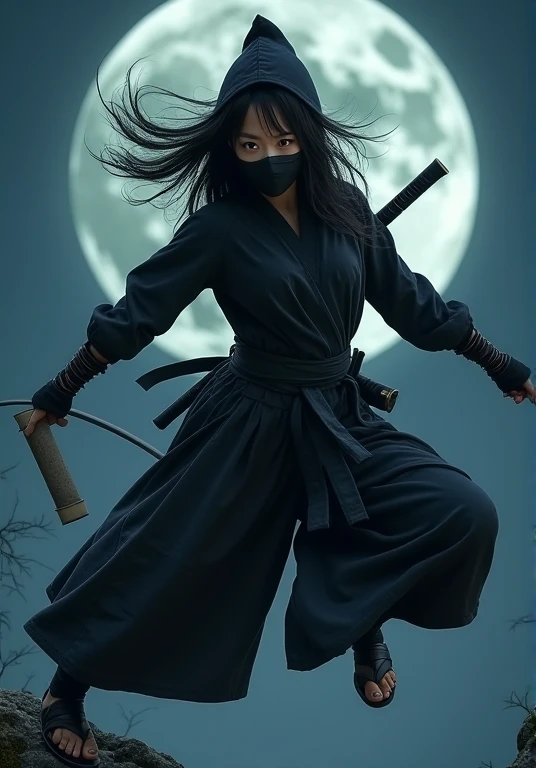 (( perfectly beautiful 20-year-old Japanese female ninja)),  (((A mask only visible to the eye))), (((Wearing straw sandals ))), ((( jumping high ))), ( Masterpiece: 1.3), (8k,  by Nomi,  RAW Photo,  top quality: 1.4), sharp eyes, ((( looking at camera))),...