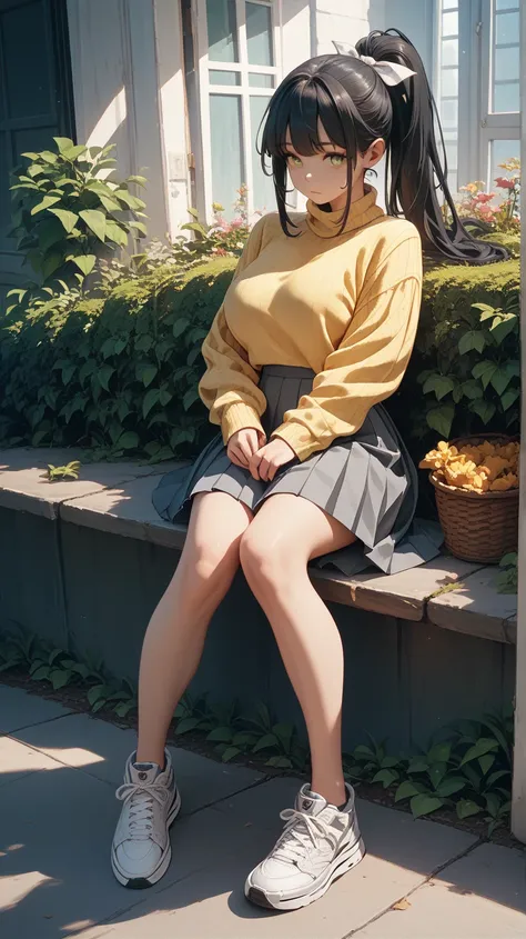    beautiful girl　       black hair　    ponytail 　    white ribbon scrunchies　Big Breasts　 yellow sweater　 gray pleated skirt　 white sneakers