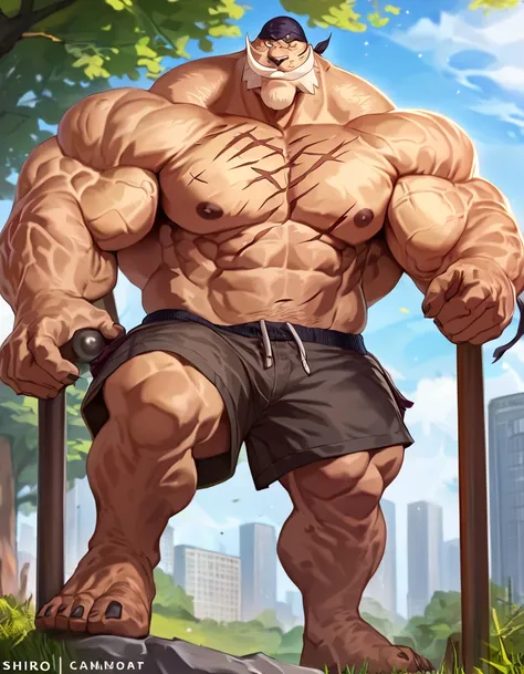 semirealistic:1.3, a man with big giant muscle tall body, shirohige, topless, shirtless. full body, standing, solo, very big, very tall, very muscular,chest scar, bandana, shorts, park, nipples, highly detailed, 8k, epic heroic fantasy, Masterpiece, Anatom...