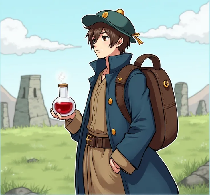 Male. Short brown hair. Bhadgaunle Topi hat. Vivid dark blue coat. Long sleeved light brown tunic. Large leather backpack. Holding a red potion in his hand. Comic style. Final Fantasy Tactics. Final Fantasy. In a grasslands area with stone ruins.