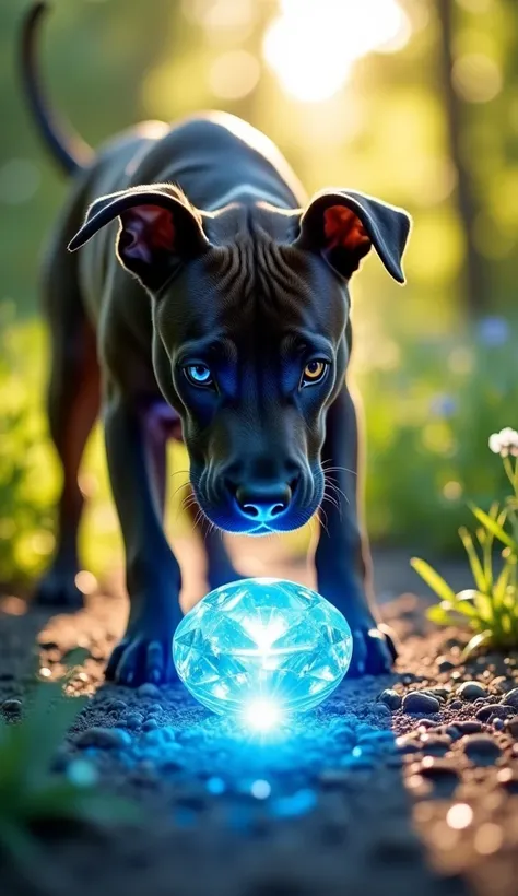 A majestic Pitbull gazing intently at a radiant diamond resting on the ground, which glows with a brilliant blue light. The scene is set in a vibrant and enchanting environment with a bright and serene atmosphere. Soft sunlight filters through lush greener...