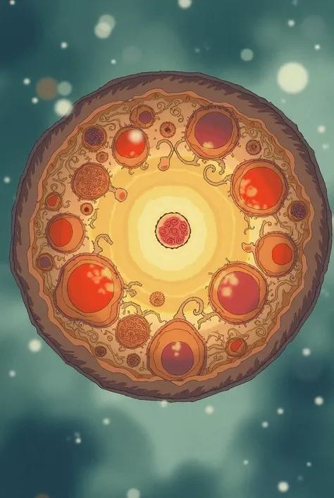 2D animation of animal cell mitosis, in the style of Studio Ghibli's movies, such as in the films of The Journey of Chihiro, Princess Mononoke, My Friend Totoro