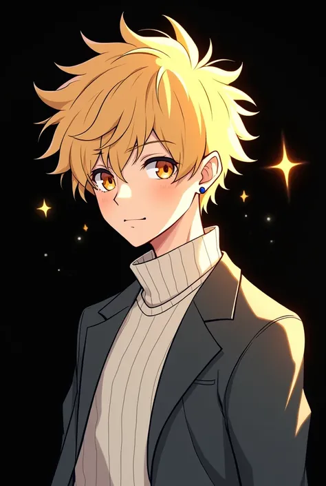 Orange eyes, a banner with a picture of a boy Short, spiky blonde hair with a tousled, slightly windswept look. The hair appears to have a light, almost glowing quality, giving it an ethereal, radiant feel. It should look sharp and dynamic, as if it's cons...