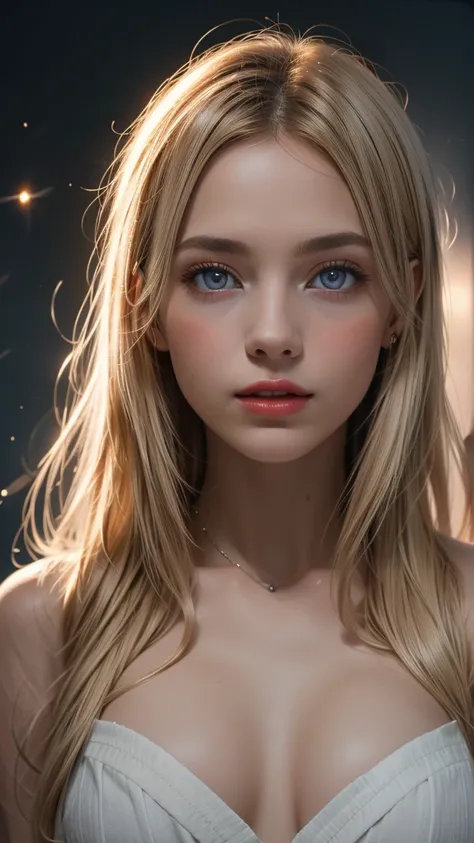 (  rolled up  ,8k, high resolution , masterpiece:1.2)， digital art， A girl ， soft face，Delicate eyes，Mi blonde hair ，long,  straight hair， glowing blue eyes ，Red lips，particles，Dust，warm colors， shy ， in love，Eevee drawing，men&#39;s white shirt ， necklace，...