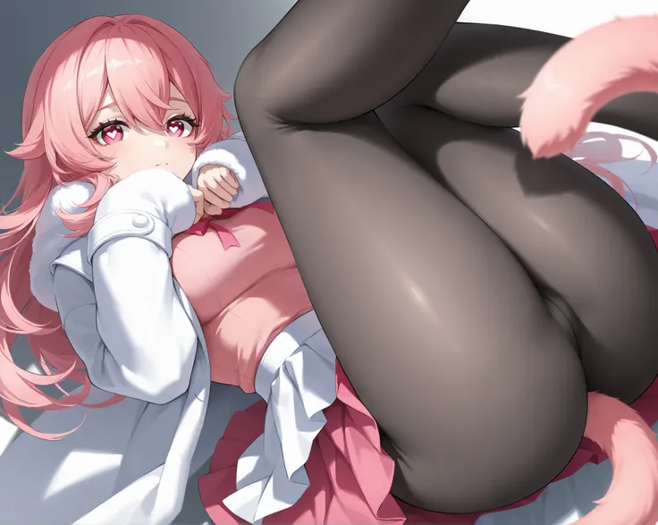 、 best thighs、 Genshin、Dispatched Light Wheel、 beautiful skin、Clear shadows、front、 long coat、 pink hair、salmon pink eyes、 black tights、Cat tail、 Heart Eyes 、 skirt by humili、 raised 、 long hair、 face up 