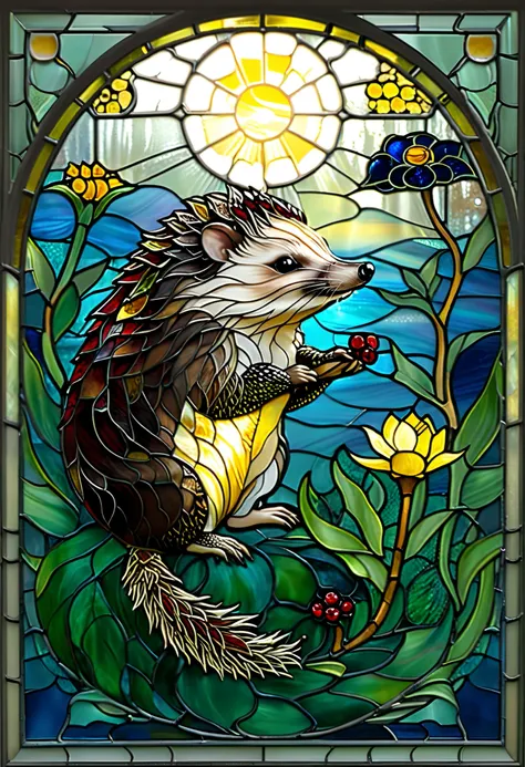 a painting of a hedge in a   stained glass  window,   stained glass  art, anthropomorphic Hedgehog, Hedgehog, intellectual Hedgehog, Hedgehog magus, golden twilight   stained glass , maxim verehin   stained glass , backlit   stained glass , on a   stained ...