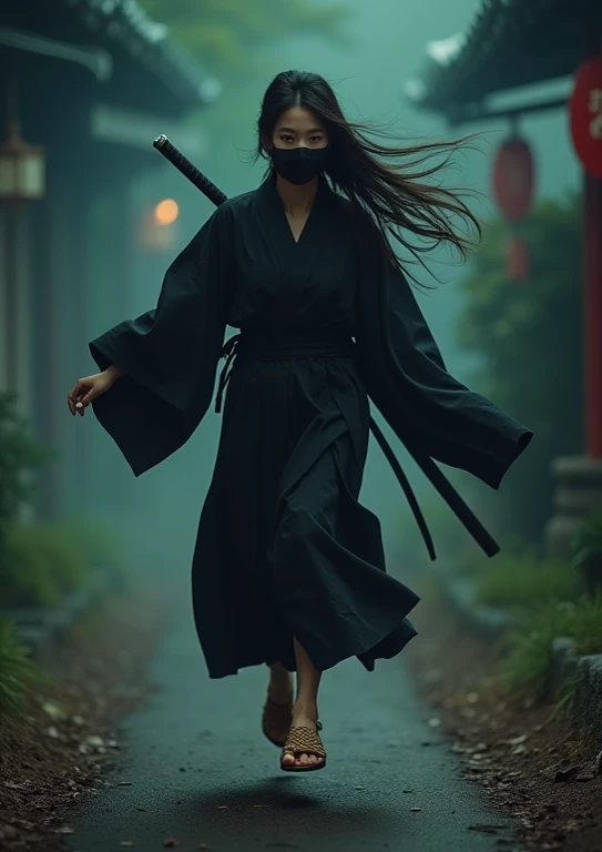 (( perfectly beautiful 20-year-old Japanese female ninja)),  (((Wearing straw sandals ))), (((He is jumping high with open arms))), ( Masterpiece: 1.3), (8k,  by Nomi,  RAW Photo,  top quality: 1.4), sharp eyes, ((( looking at camera))), (((night))), (((強烈...