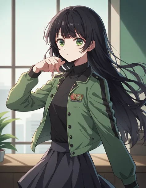 score_9, score_8_top, score_7_top, source_anime,
Long hair, bangs, green eyes, black hair, 
skirt, long sleeve, idol uniform, jacket, 
indoors, relaxed idol pose, netral,
looking at the viewer, 