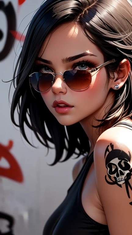 8K resolution、((highest quality))、((masterpiece))、((Super detailed))、1 female、alone、incredibly absurd、 (((most beautiful girl ever))), (((Stylish sunglasses))), lips in love, stylish cap,short cut hair、small breasts, ((skull(graffiti art wall))), colorful ...