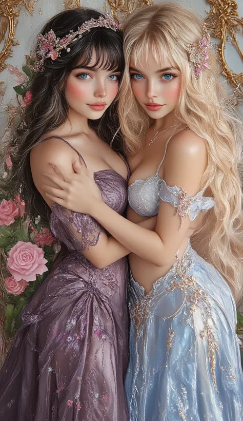  Two girls embracing each other happily, one with shiny and super long blonde hair, blue eyes and skin as white as porcelain and the other with jet-black hair with bangs and gray eyes, both look very happy in princess dresses.,  High resolution,  Long hair...