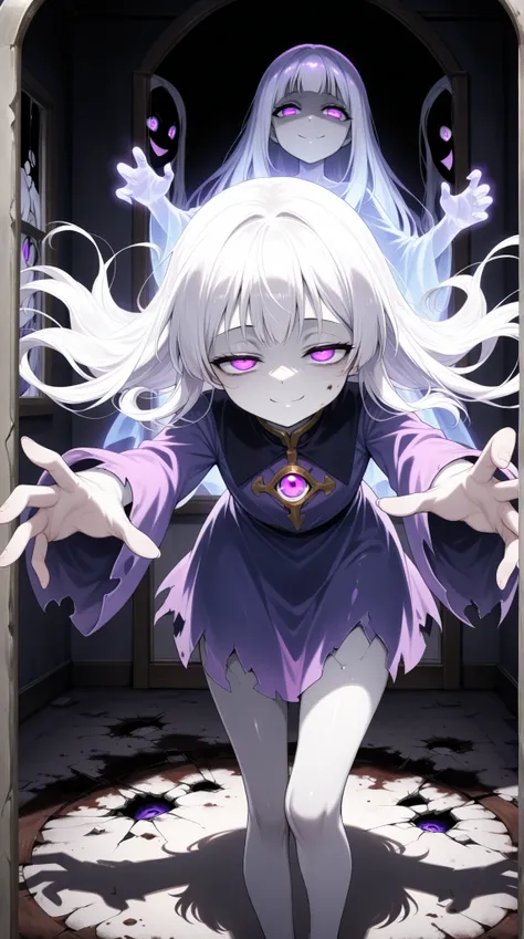 (masterpiece, top quality, highly detailed, incredibly high resolution, high quality anime picture), a young and beautiful female ghost is reflected in the mirror, (white hair, glowing purple eyes, half-closed eyes, crazy eyes, glossy lips, split mouth, sh...