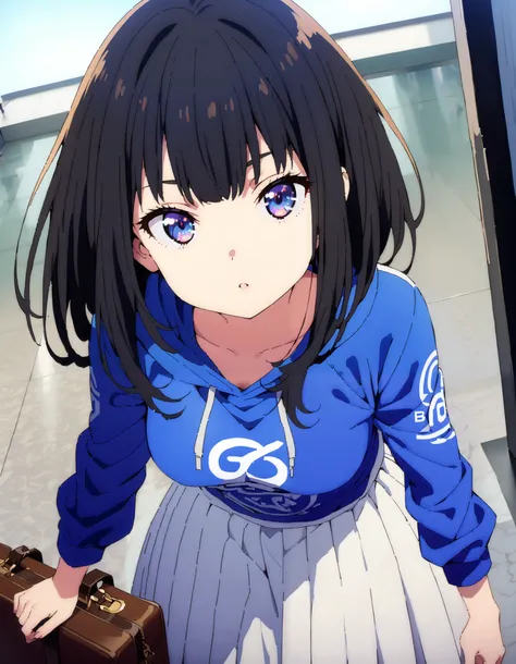  score_9,  score_8_ up the side,  score_7_ up the side,  source_Anime,
Takiuchikami,  check it out, long short hair , bob cut, bangs,   black hair,   purple eyes,Medium breast,Blue oversized hoodie , white long skirt, Bbo~, suitcases, standing,whole bodyがイ...