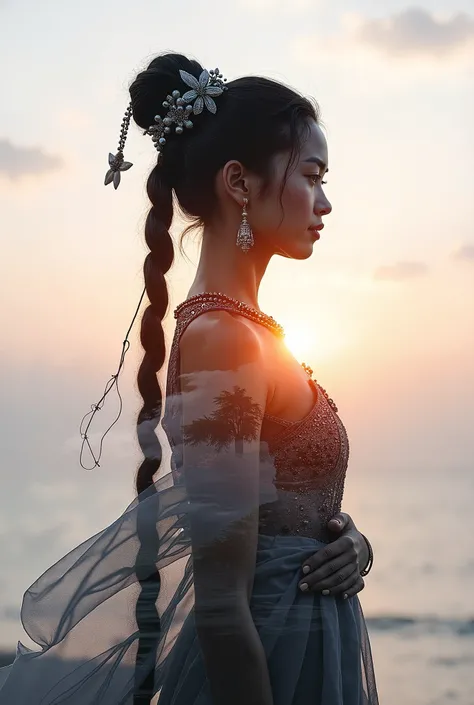 high quality, 8K Ultra HD, A beautiful double exposure that combines an goddess silhouette with sunset coast, sunset coast should serve as the underlying backdrop, with its details incorporated into the goddess , crisp lines, The background is monochrome, ...