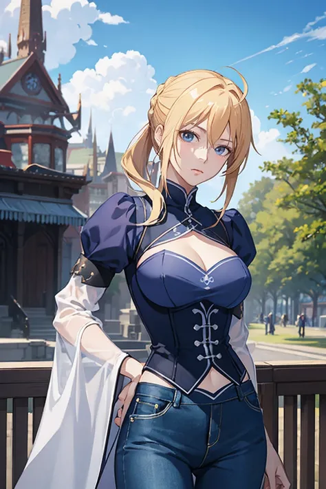 Artoria Pendragon (Fate Stay Night), blouse, jeans, snikers, park background, smile