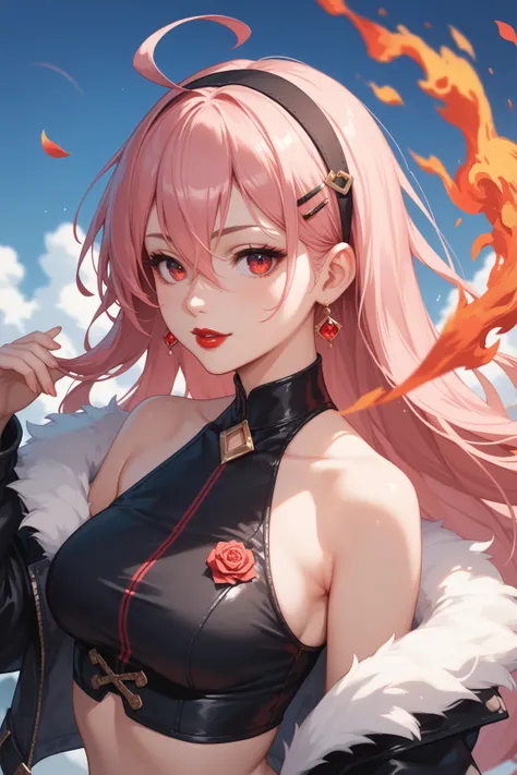 A close-up of a female character, featuring long, silky white-pink long hair, accented by a black hairband. She has striking red eyes and a soft expression make up red lipstick, with ahoge hair between her eyes. Her outfit includes a sleeveless shirt, a fu...