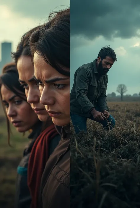 A split screen showing women is stressed because of exhaustion due to climate change and man working on farm in harsh weather