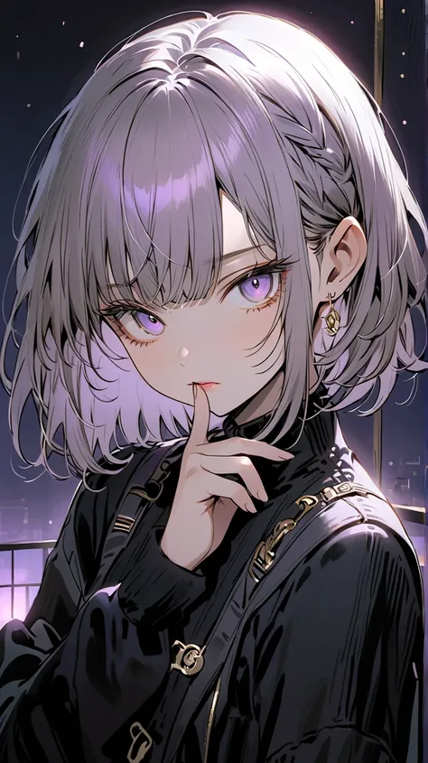 A young, light-skinned anime girl, positioned in the center of the image.  She is likely a teenager. Her hair is a mix of dark brown and light beige, styled in a half-updo.  She's wearing a dark-colored, possibly black, jacket-like garment.  Her expression...