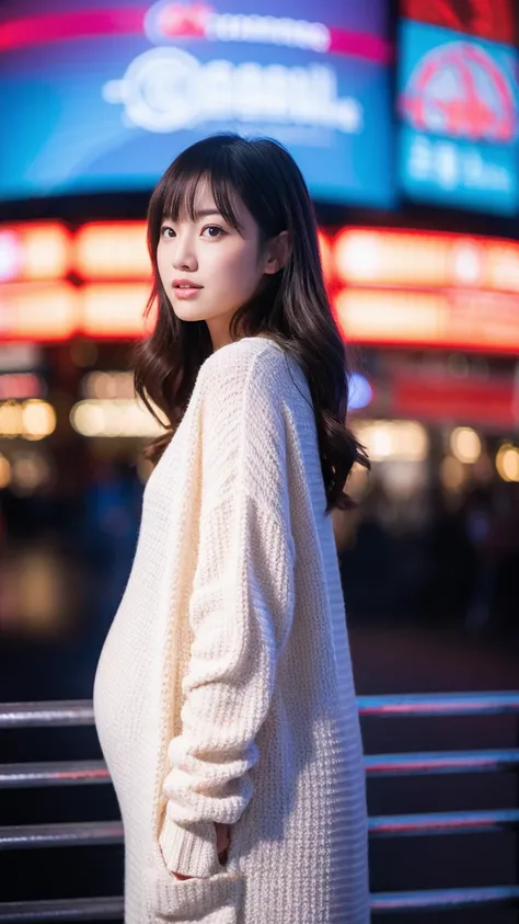 masterpiece, Best Quality, 8K,looking at the viewer,Japanese Lady,20 years old, huge pregnant, Voluptuous, cinema background, sweater dress and coat