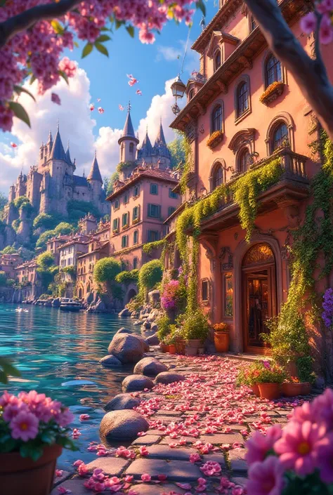 Italy、France、 The exterior of a fantastic and antique magic general store by the turquoise blue sea、Shinkai Seisaku , beautiful anime scene, Anime Landscape、Colorful, fluffy petals magically pour down from the sky 、 shines brightly、 so cute
