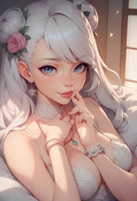  Make a female anime character, Very cute with silver hair .