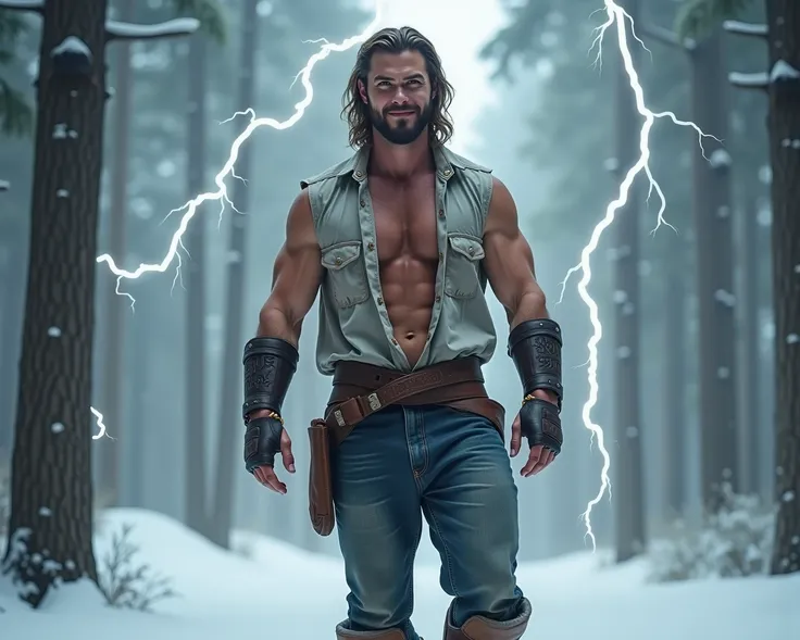 A very realistic full body image, extremely detailed and of the highest photographic quality.  A man with a strong resemblance to actor Chris Hemsworth dressed as a lumberjack, He wears very worn jeans and an open shirt that reveals an impressive musculatu...