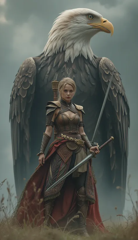 A USA Short Cut Straight Hairs Young Woman Warrior A A Giant Giant 9 Feet Long Eagle Standing Behind Her , Woman warrior Holding A Sword In Hand Standing In Dynamic Pose , Unreal Beauty, Lather Warrior Outfit With Unique Design, Eye Catching Background, Ci...