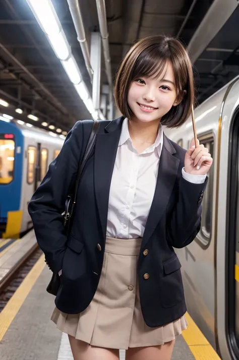  top quality,  Masterpiece,  ultra high resolution, (reality: 1.4),   original photo of ,  1 female,  matured,  happy smile,  short hair,   train on the platform of a high school girl , , Cinema Lighting,　 high school girl、uniform、 blazer、  Commuter Rail、 ...