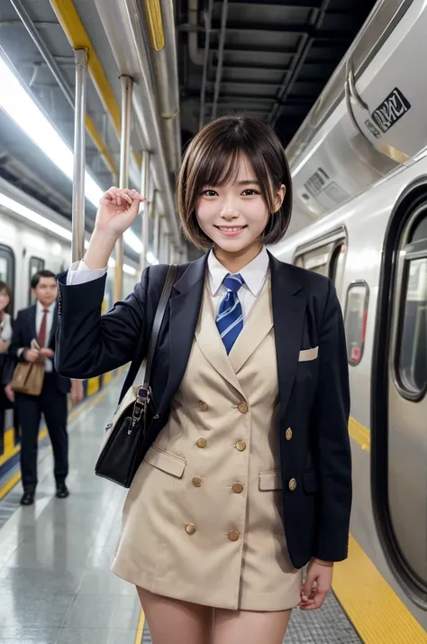  top quality,  Masterpiece,  ultra high resolution, (reality: 1.4),   original photo of ,  1 female,  matured,  happy smile,  short hair,   train on the platform of a high school girl , , Cinema Lighting,　 high school girl、uniform、 blazer、  Commuter Rail、 ...