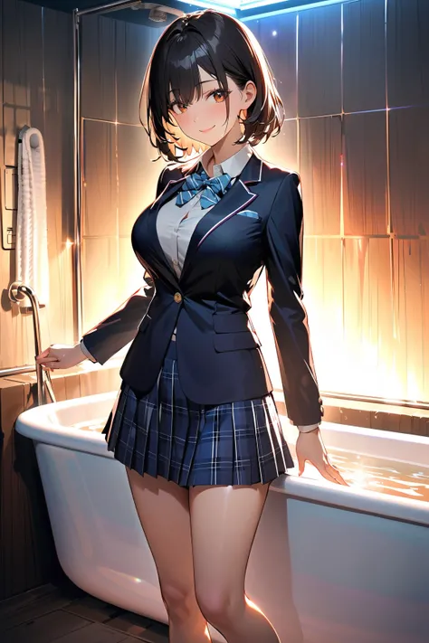 1 girl, (charming face), medium-length hair, (smiling softly), (glistening skin), large breasts, slim, (wearing a school uniform with a blazer and skirt),  
BREAK  
dimly lit room, blacklight, shower running, (sparkling water:1.2), (bathtub:1.2)  
BREAK  
...