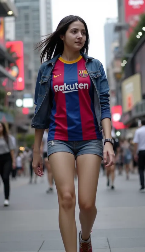 Woman wearing Barcelona jersey with open denim jacket, short tights, walking on city street