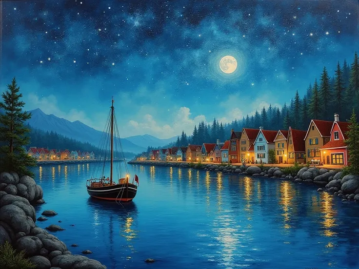 Picture of a boat floating on the river with the town in the background ,  Jane Newland , by Camille Bombois,  looks down , Janet Archer ,  Whimsical Art Melting in the Starry Sky ,  inspired by John Wannacott, Judith Brown, Joan Brown, Jacob Duck,  Mary D...