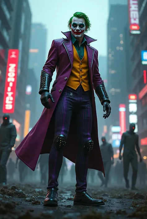 Create suicide squad joker character in a cyberpunk futuristic city with zombies in the city 