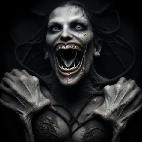 A huge monster woman eats people, Mouth wide on  , Scary face ,  realistic, dark, black and white image, 