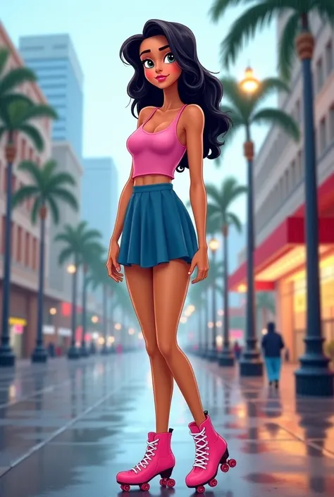 Tip: A very lovely  woman being sad in Downtown San Diego in the rain.. The illustration is a high definition illustration with 4k resolution., with highly detailed facial features and cartoon style visuals, pink high heel roller skates, suntan pantyhose, ...