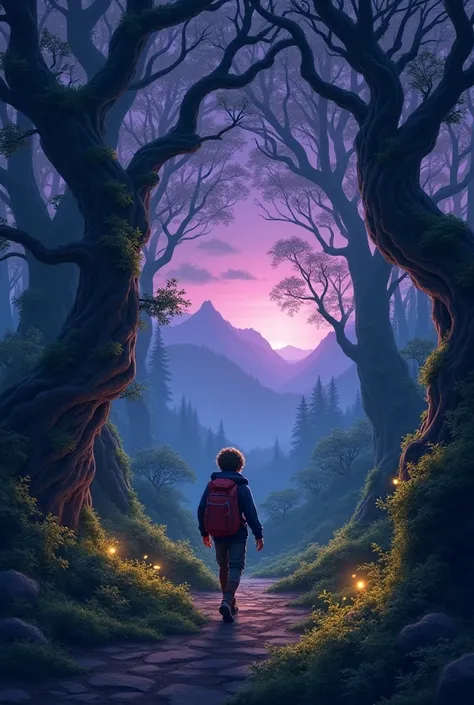 Prompt: A young adventurer walking through a dense enchanted forest, with ancient twisted trees covered in glowing moss. Small fireflies and magical creatures peek from behind the trees. The sky is a deep purple, suggesting he is walking at dusk. In the di...